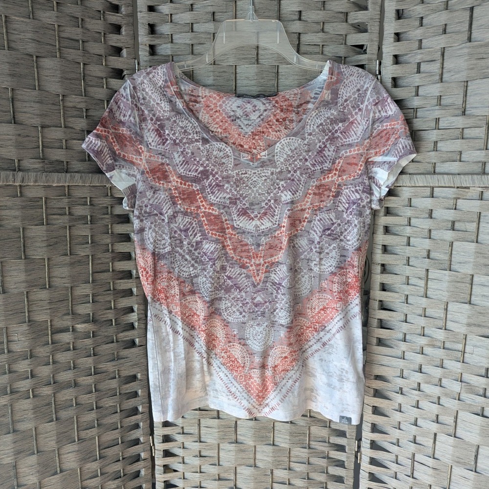 Prana V-Neck Top Orange Purple Geometric Medallion Print Burnout XL Boho Earthy